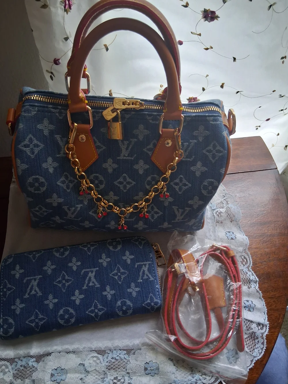 Blue Monogram Denim Crossbody Satchel with Charm Chain